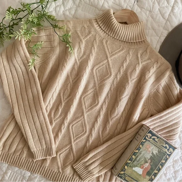 Cozy Cashmere Lochmere Cable Knit Turtleneck Sweater - Cream - Picture 6 of 6